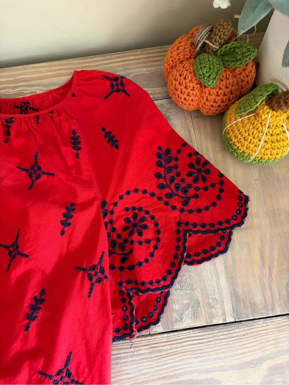 Crown & Ivy Red A-Line Top with Navy Embroidered Motifs✨